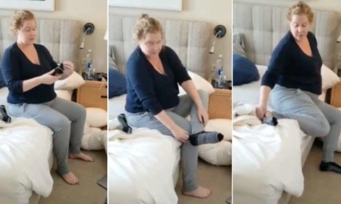 amy schumer sokken aantrekken hoogzwanger